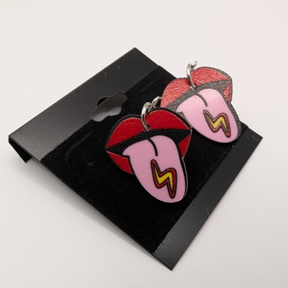 Handmade Hot Lips Tongue Out Lightning Bolt Dangle Rock N Roll Earrings 2" NEW